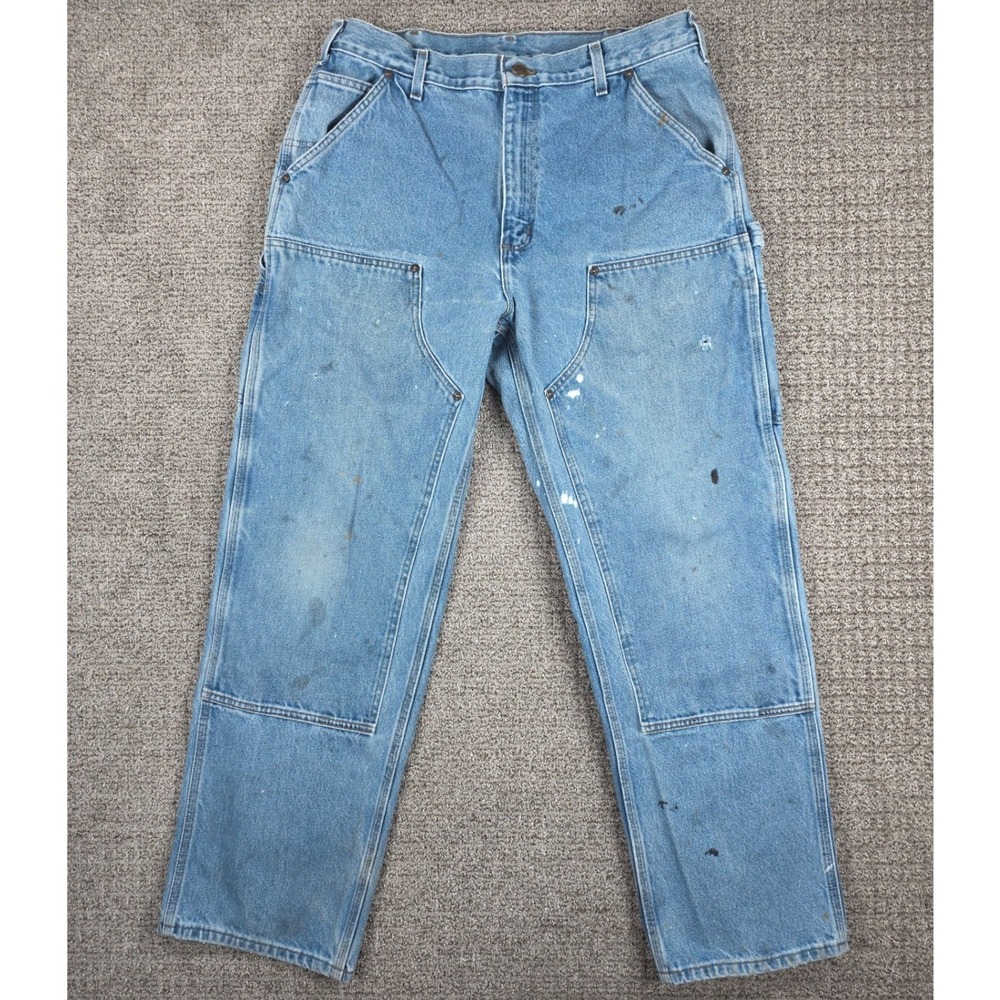 Carhartt B73 DST Double Knee Jeans Blue Mens 38x30 Pants Paint Distressed
